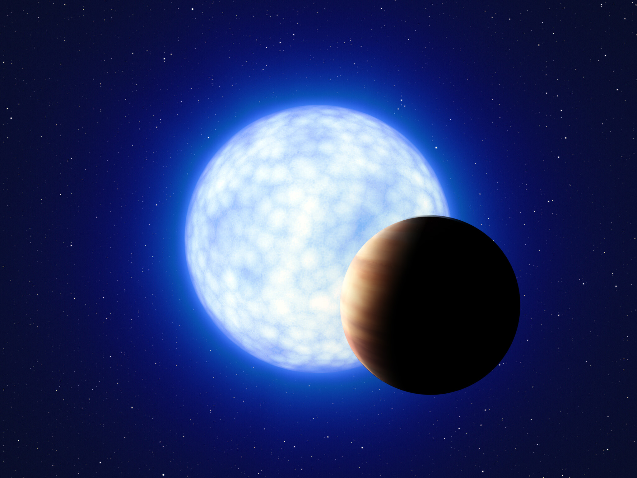 Conceção artística de uma estrela quente e azul, com vinte cinco vezes mais massa do que o Sol, e de um planeta semelhante a Júpiter.